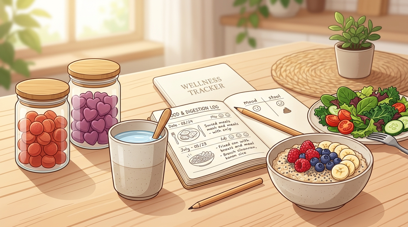 Probiotic gummies, prebiotic fiber gummies, water, foods, and a tracking notebook for a microbiome support routine.