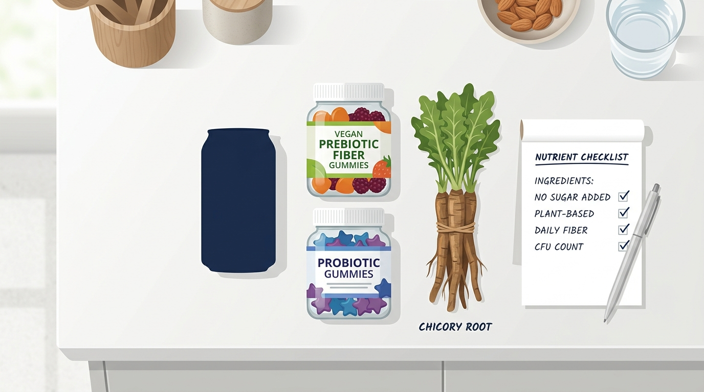 Prebiotic cola, fiber gummies, probiotic gummies, and chicory root arranged for a gut-health format comparison.