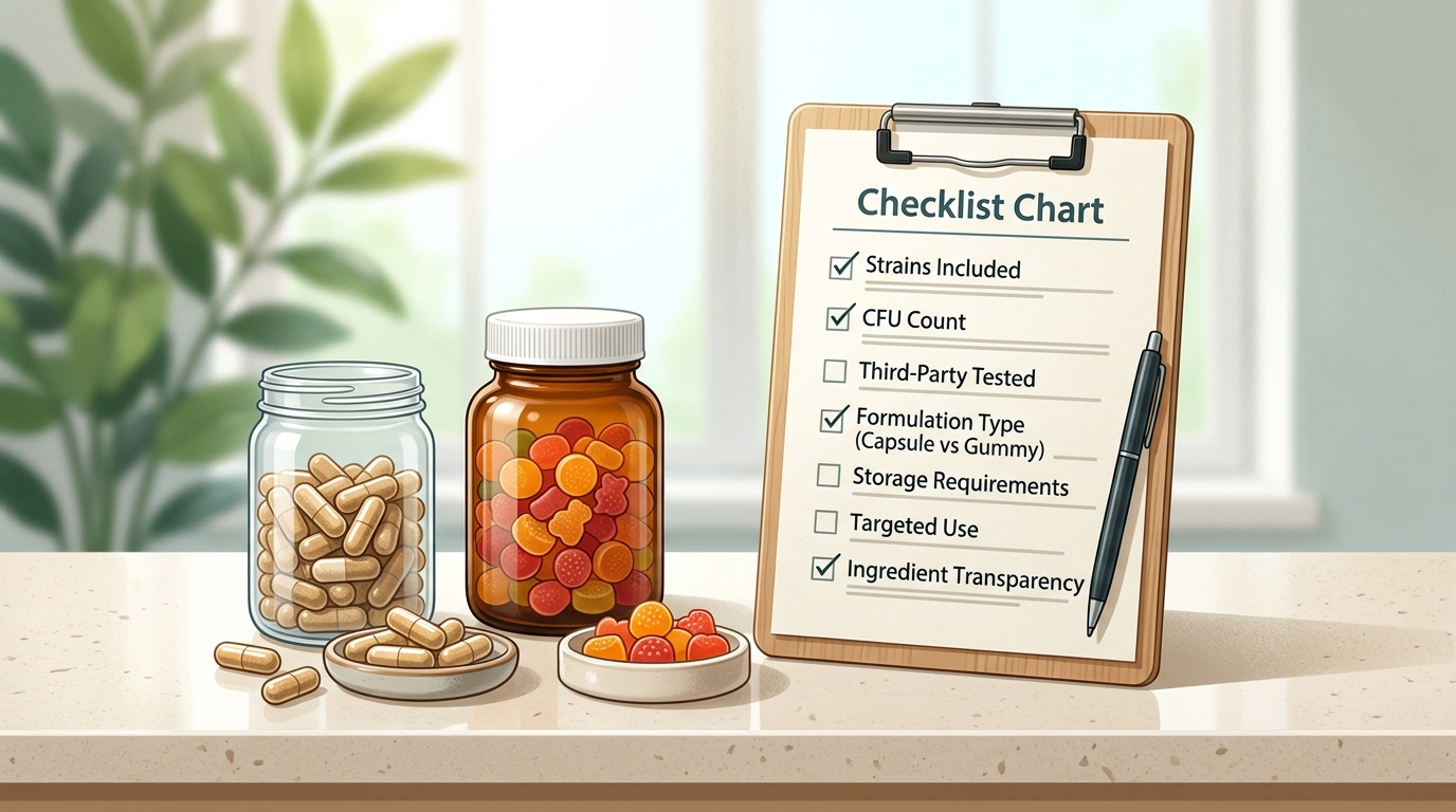 Probiotic capsules and gummies compared with a label checklist.