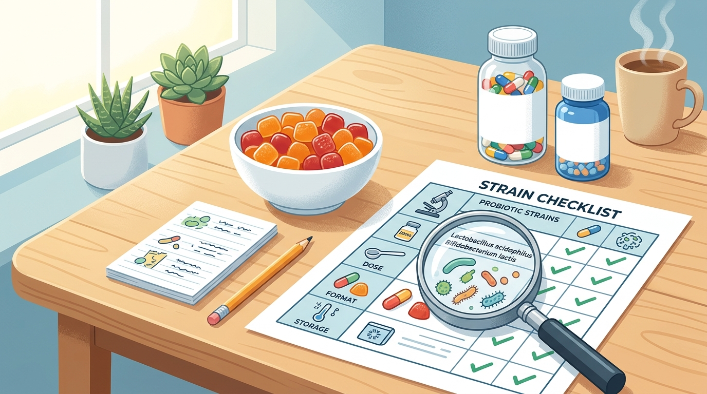 Probiotic gummies and capsules compared with a strain and label checklist.