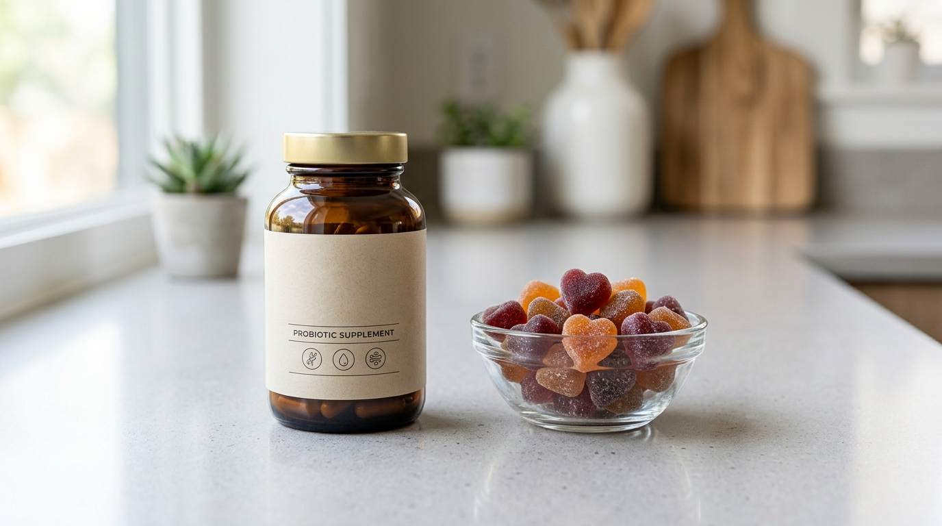 Probiotic capsules and vegan gummies compared on a neutral countertop.