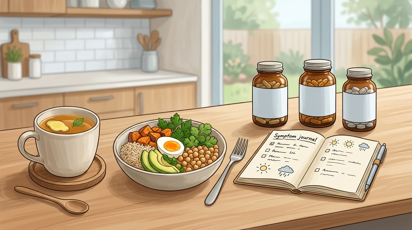Ginger tea, simple meal, symptom journal, and blank supplement containers for a digestive routine.