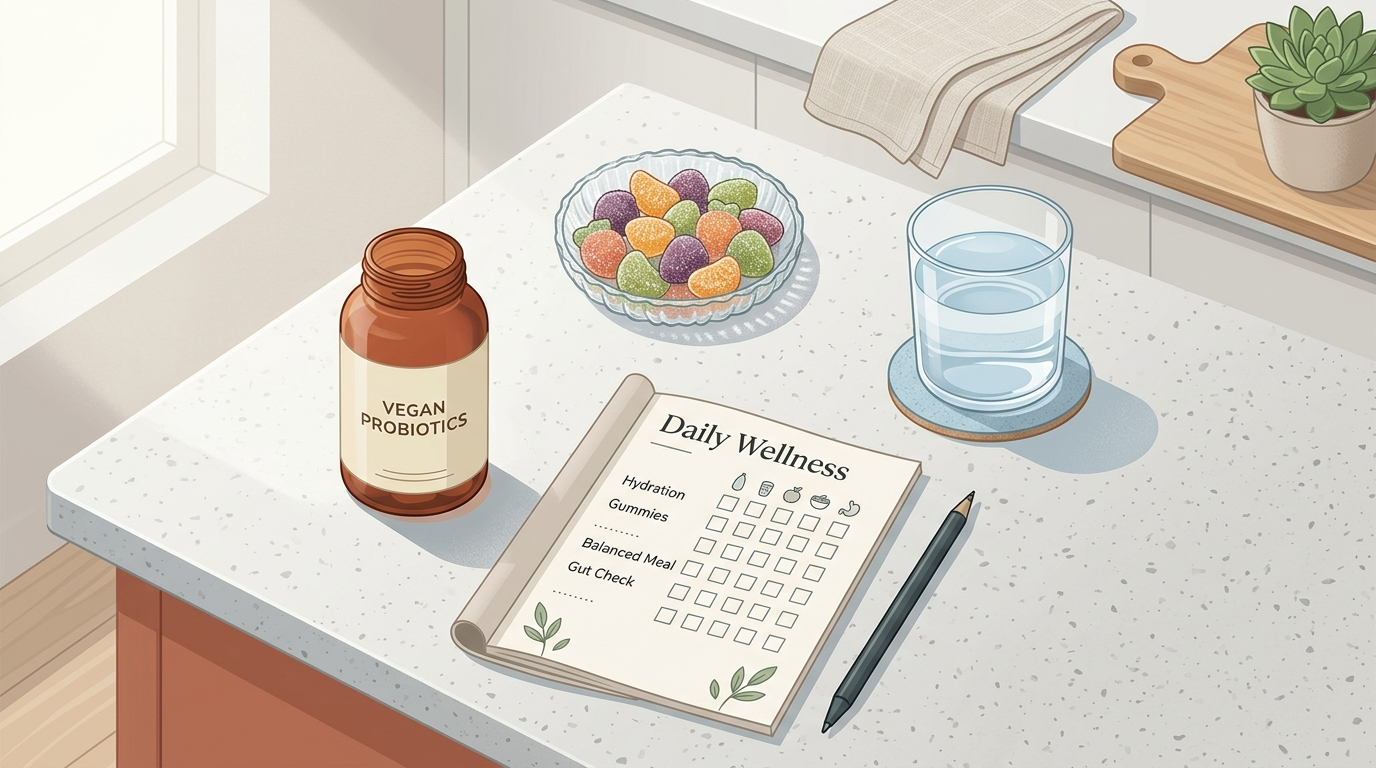 Vegan probiotic gummies, water, and a habit tracker representing a consistent probiotic supplement routine.