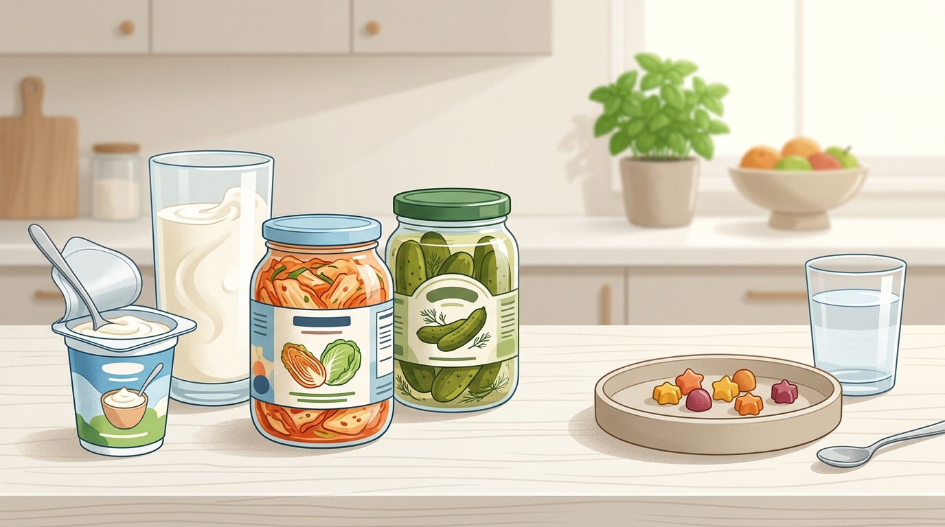Fermented foods and probiotic gummies compared for live-culture label clues.