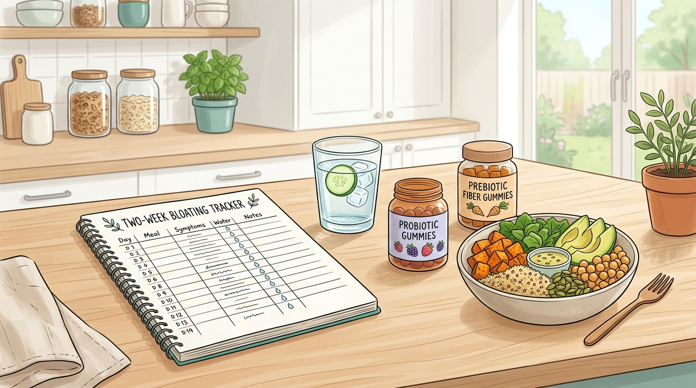 Bloating tracker notebook beside probiotic and prebiotic routine items on a kitchen counter