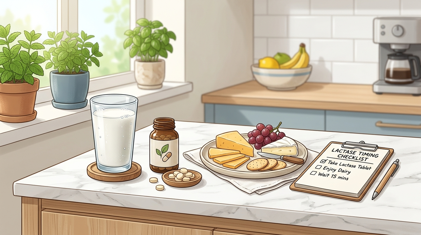 Lactase enzyme tablets beside dairy foods and a timing checklist.