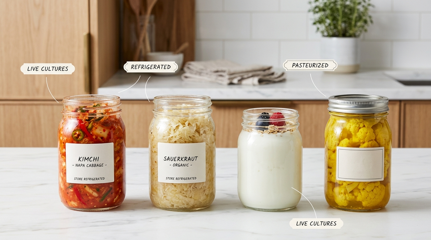 Refrigerated fermented foods and shelf-stable jars compared by live-culture and pasteurization label clues.