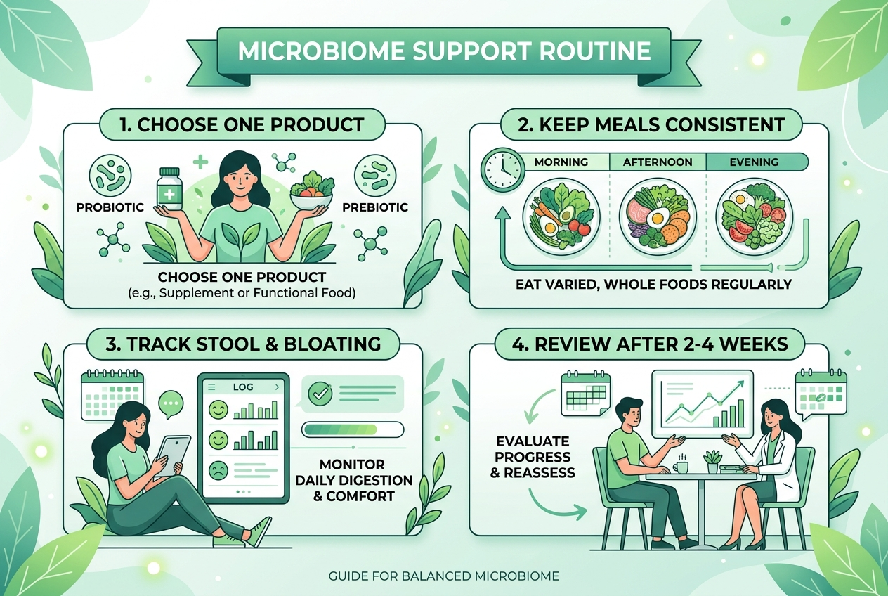 Four-step microbiome support routine infographic showing one product, consistent meals, symptom tracking, and review after two to four weeks.
