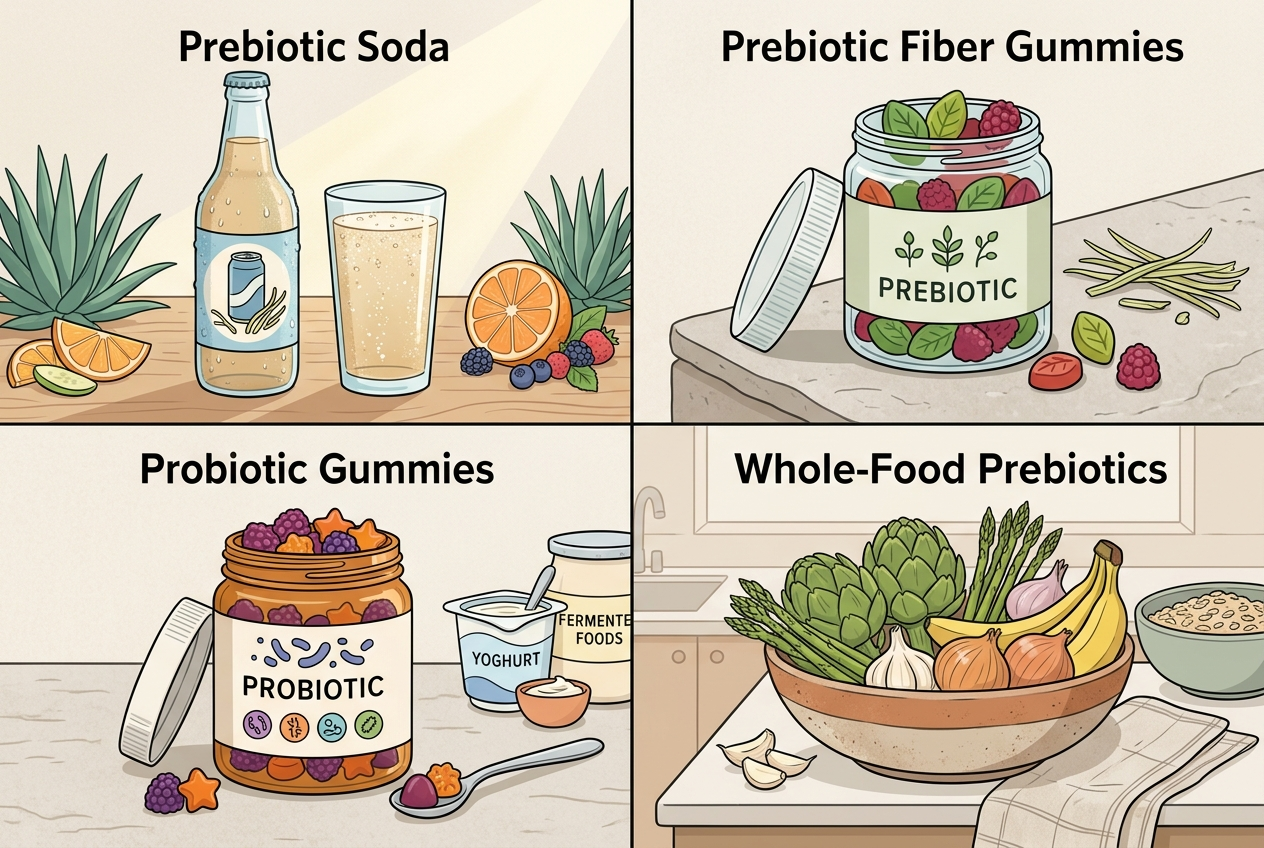 Prebiotic soda, prebiotic gummies, probiotic gummies, and whole-food prebiotics compared side by side.