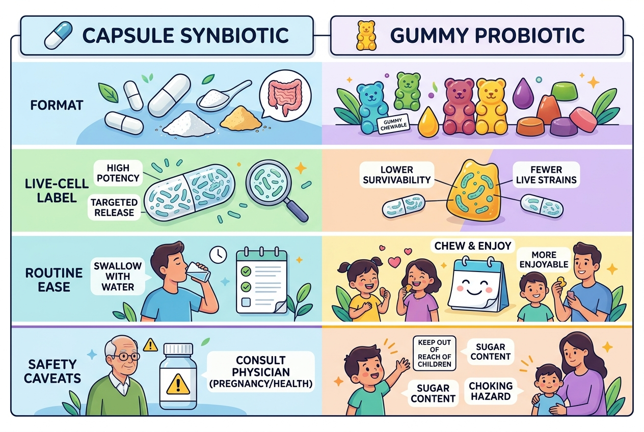 Comparison chart for Seed-style probiotic capsules and Yuve-style probiotic gummies.