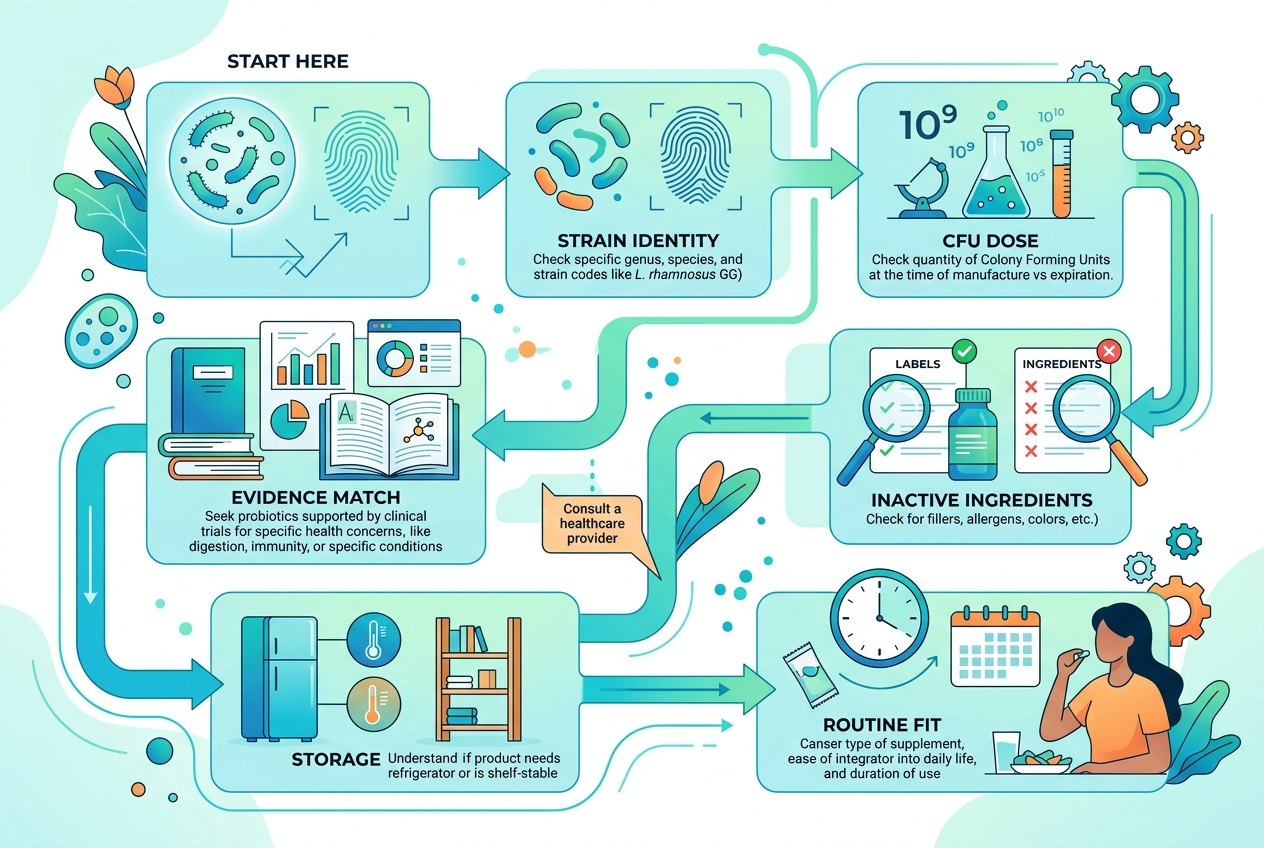 Decision flow for choosing a probiotic by strain, dose, and format.