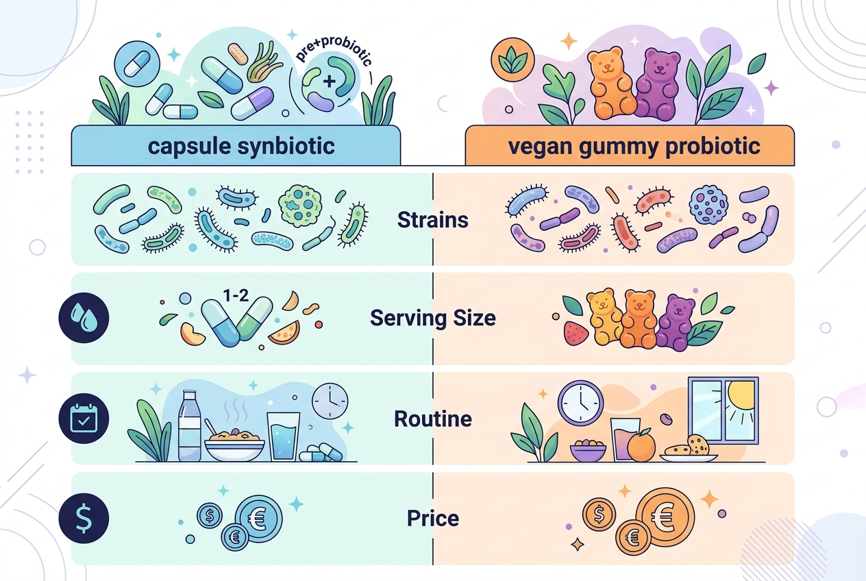 Capsule synbiotic and vegan gummy probiotic comparison chart.