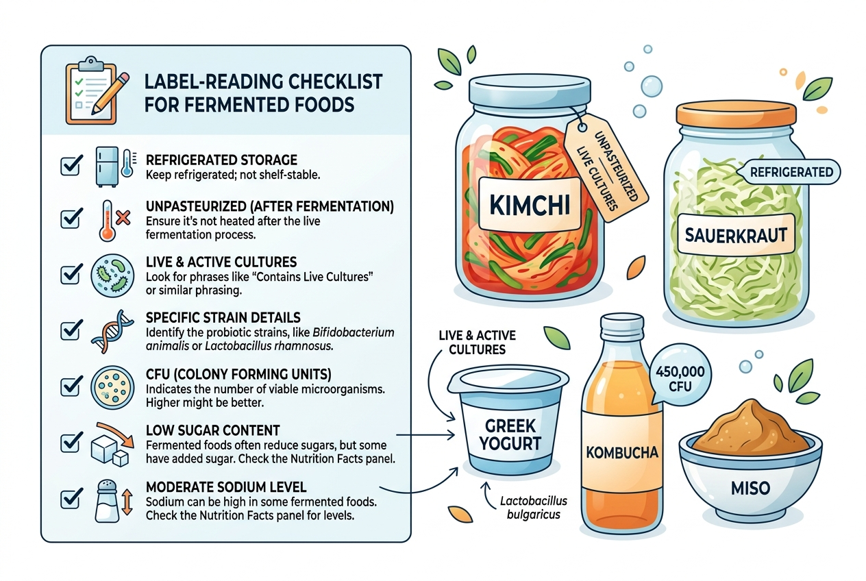 Checklist for reading fermented food labels for probiotic clues