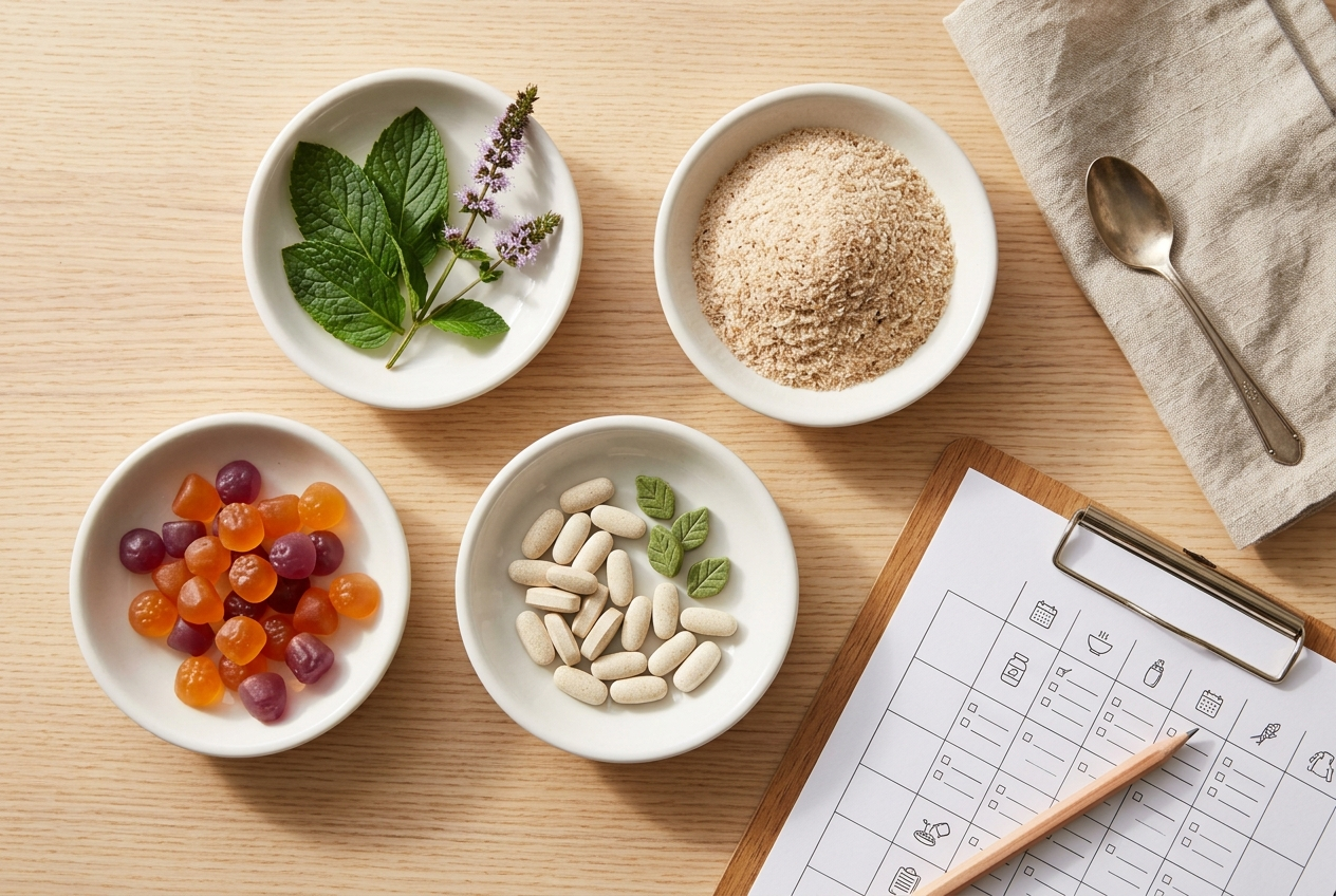 Peppermint, soluble fiber, probiotic gummies, enzymes, and routine checklist for digestive support.