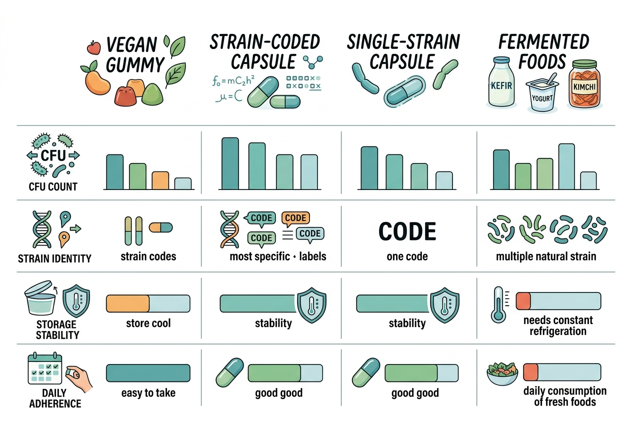 Comparison of probiotic gummies, strain-coded capsules, single-strain capsules, and fermented foods by CFU count, strain identity, storage, and adherence.