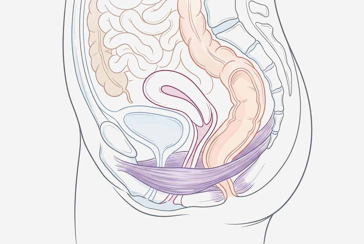 Abstract illustration of the intestines and pelvic-floor muscles involved in bowel emptying.