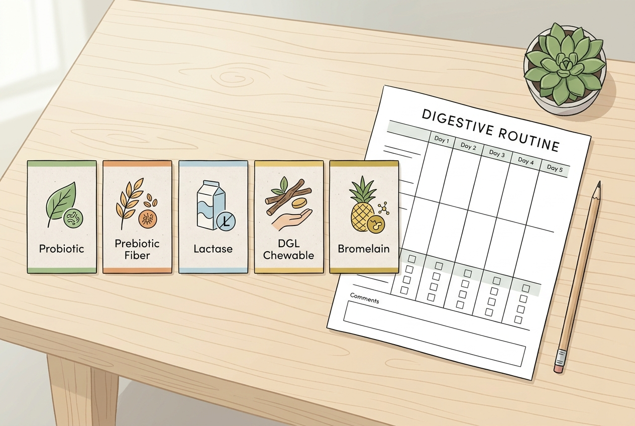 Digestive support product categories compared beside a weekly tracking sheet.