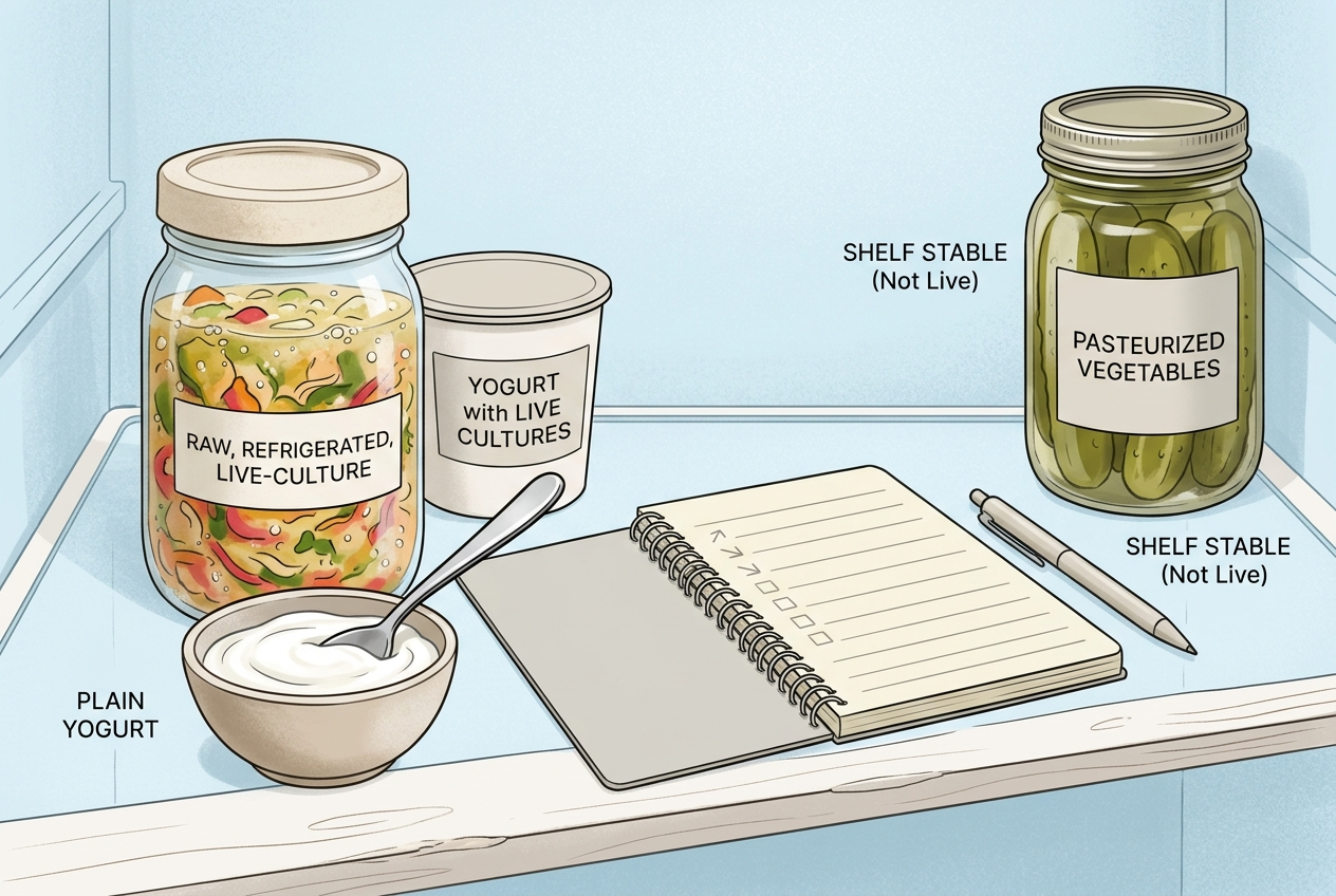 Shopping clues for live cultures in fermented foods.