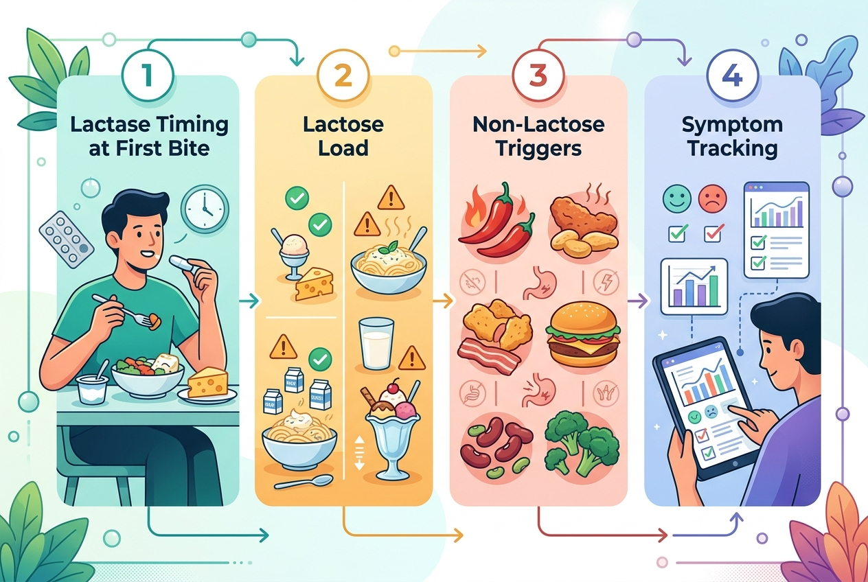 Diagram showing four reasons lactase pills may not work consistently.