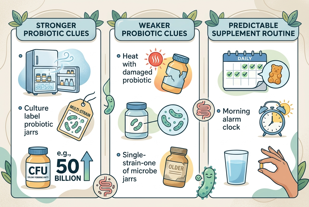 Checklist comparing live-culture label clues, pasteurization clues, and probiotic supplement routine factors.