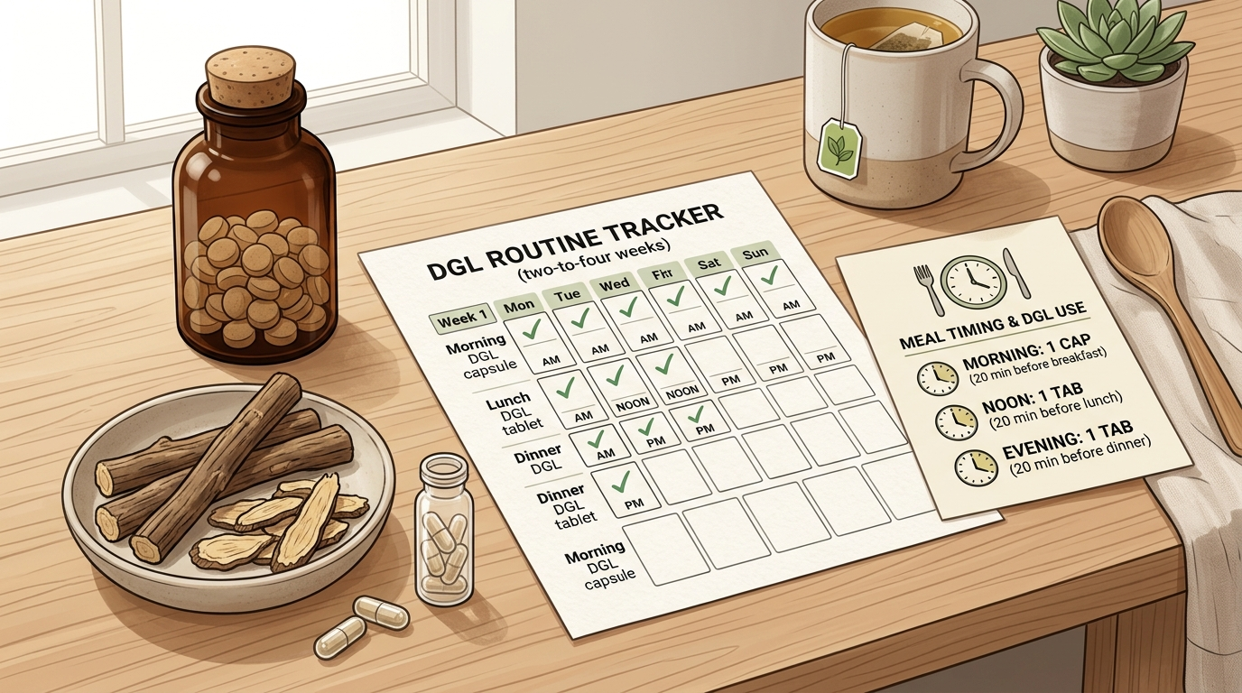 DGL licorice capsules and chewables beside a meal timing and routine tracker