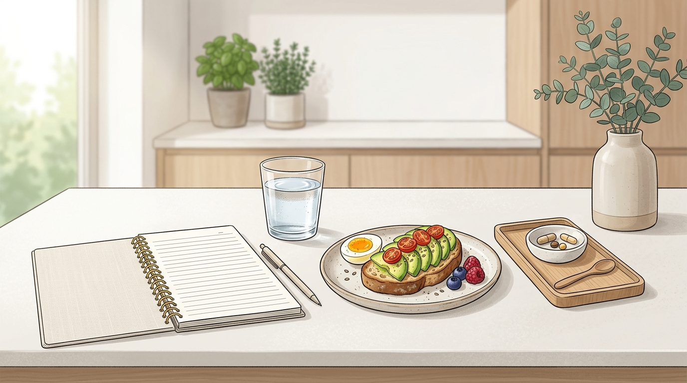 Post-endoscopy digestive routine setup with notebook, breakfast, water, and supplement tray.