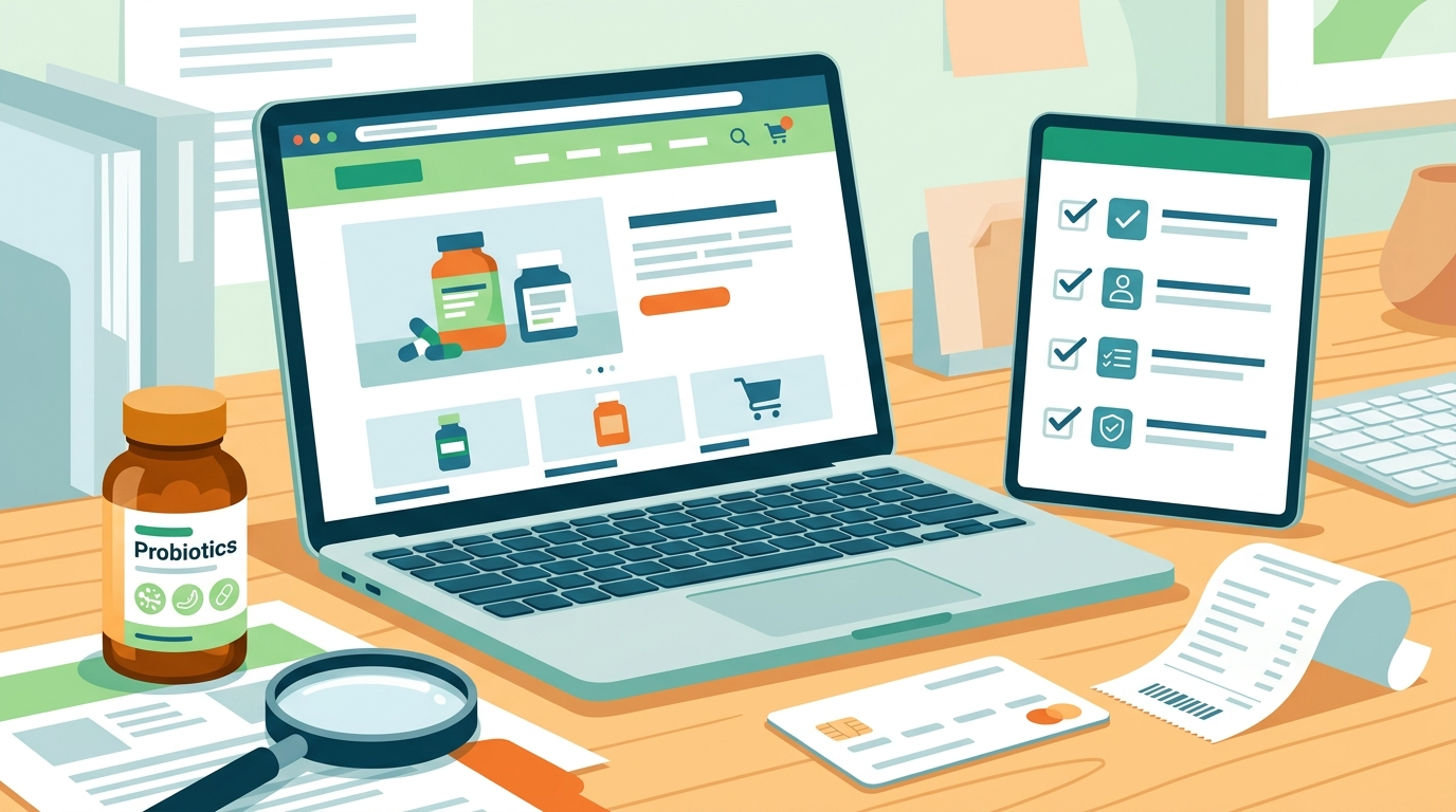 Shopper verifying a probiotic website, seller, receipt, bottle seal, lot, and expiration before purchase.
