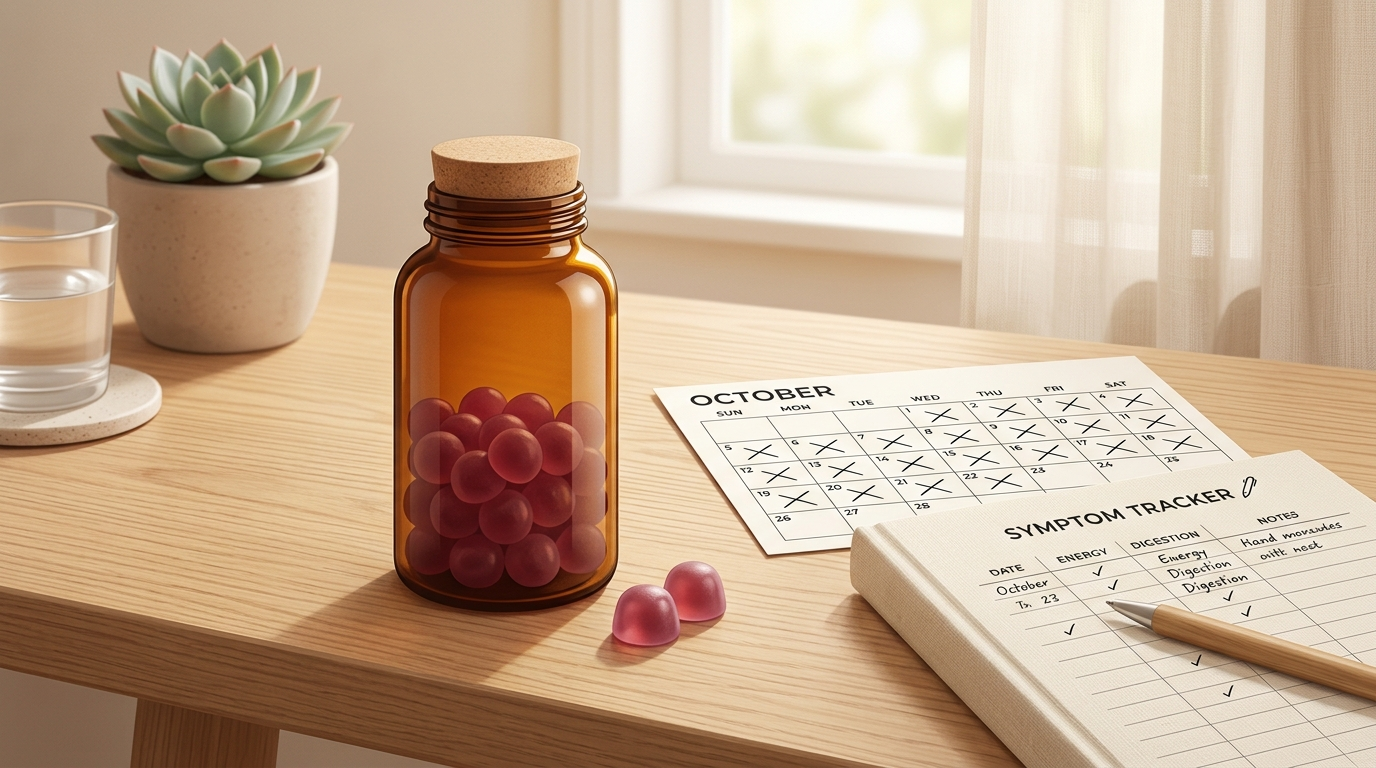 Probiotic gummies beside a four-week calendar and symptom tracker for evaluating a daily routine.