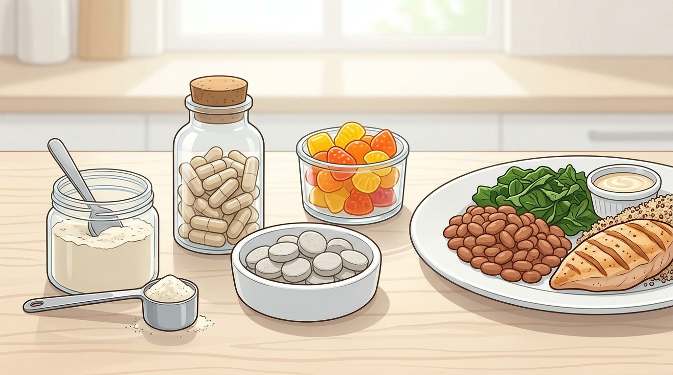 Digestive enzyme formats compared beside foods including beans, dairy, and protein.