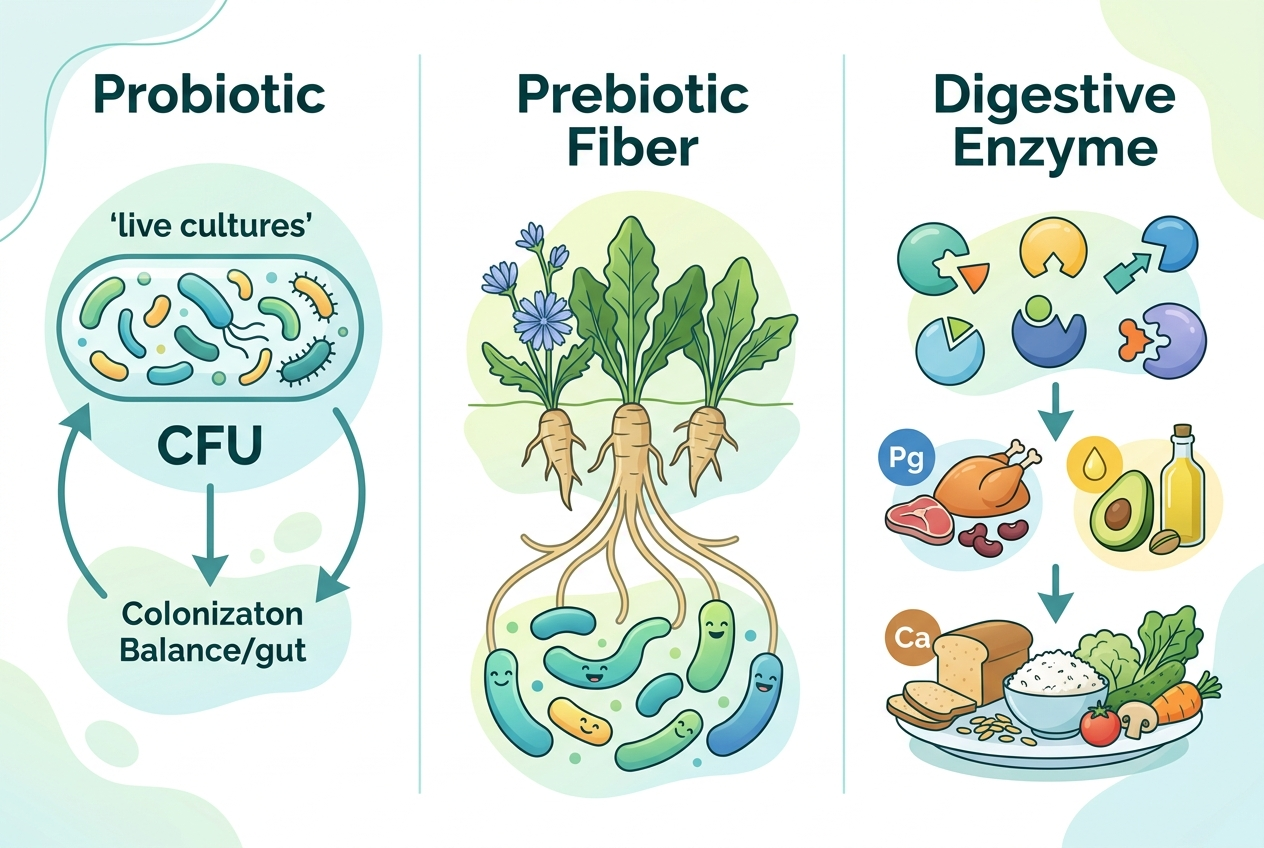 Comparison graphic showing how probiotics, prebiotic fiber, and digestive enzymes support different digestive jobs
