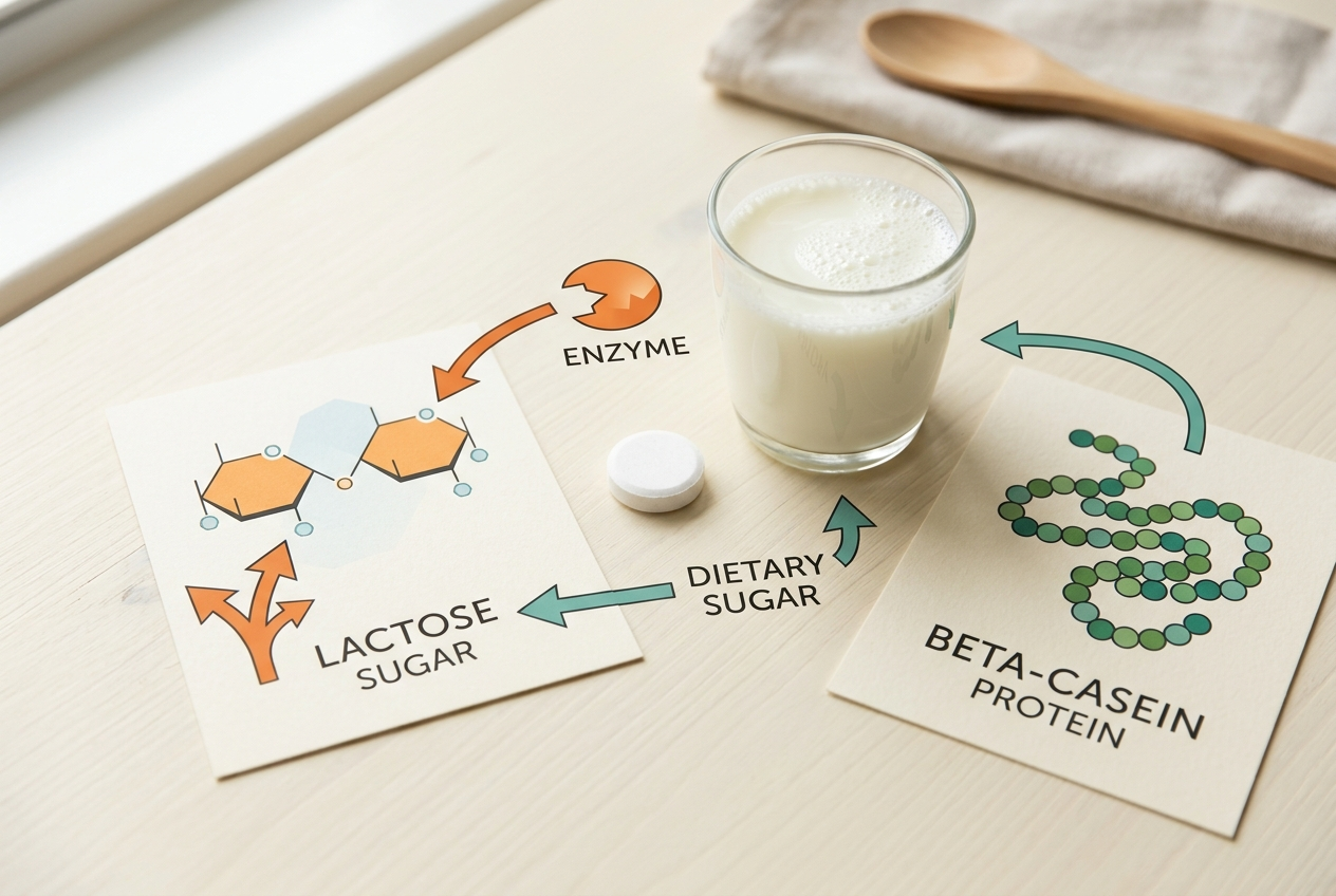 Visual comparison showing lactase acting on lactose sugar rather than beta-casein milk protein