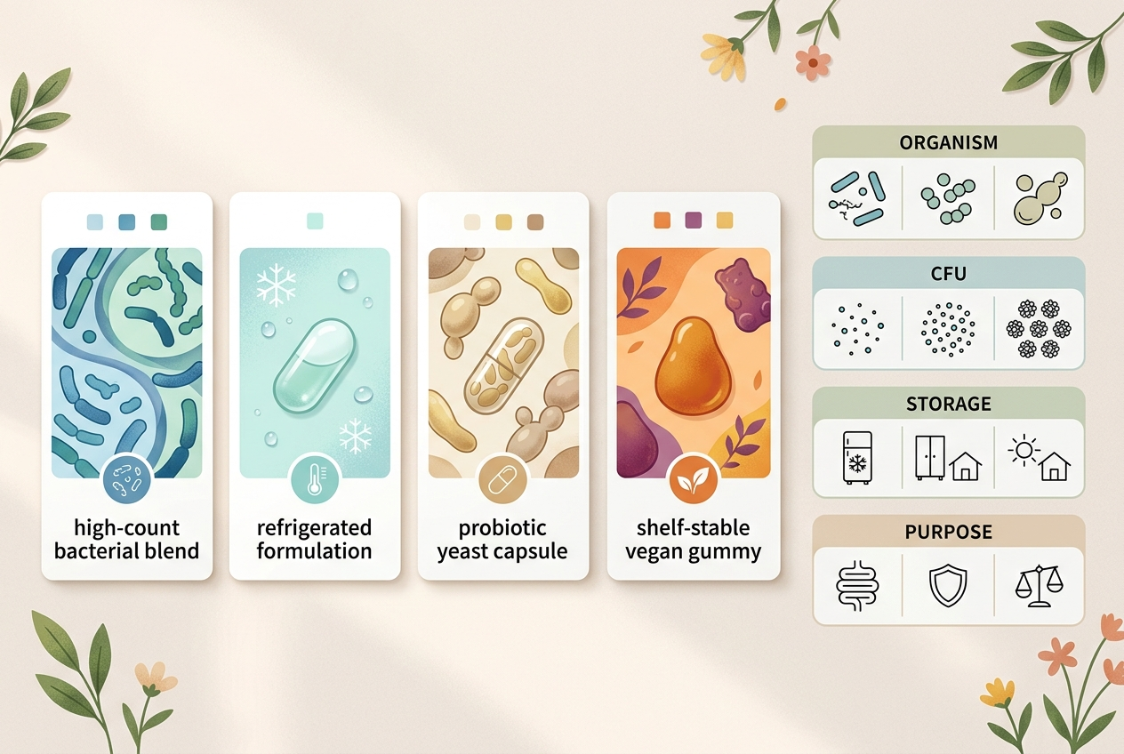 Four probiotic formats compared by organism, CFU, storage requirements, and intended purpose