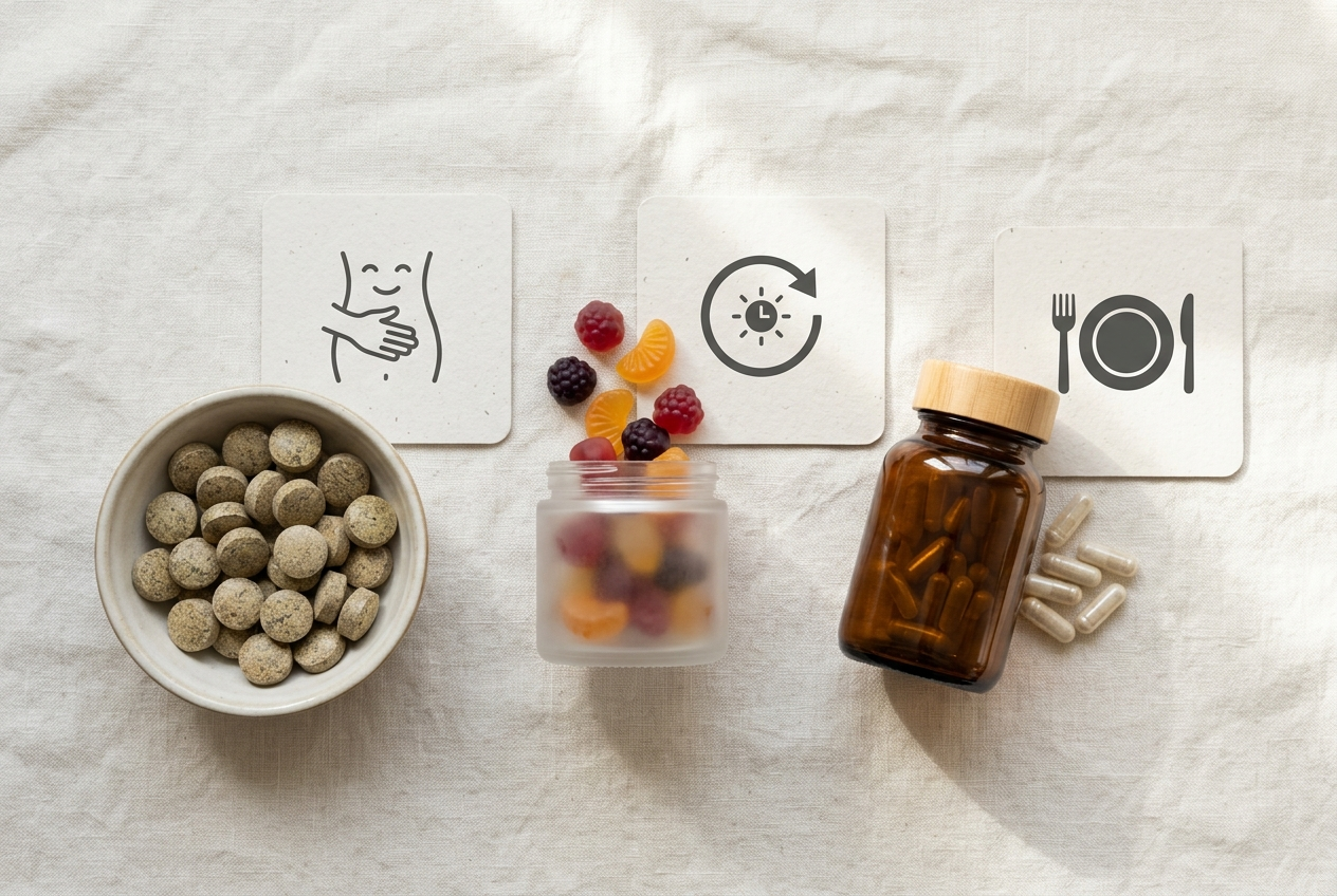 Chewable tablets, probiotic gummies, and capsules arranged by digestive routine role