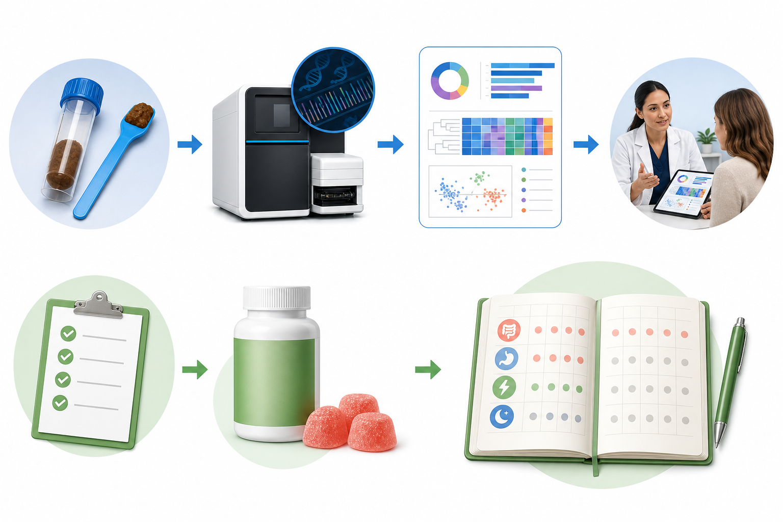 Decision paths comparing microbiome testing with label-based probiotic selection and tracking