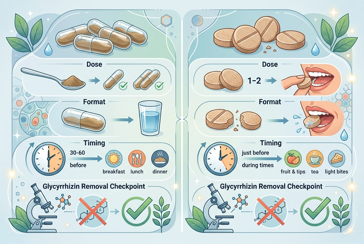 Comparison of DGL capsules and chewables by dose format timing and glycyrrhizin removal