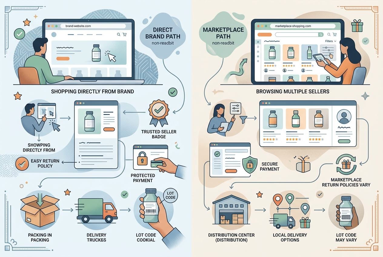 Visual comparison of direct brand and marketplace probiotic buying verification steps.