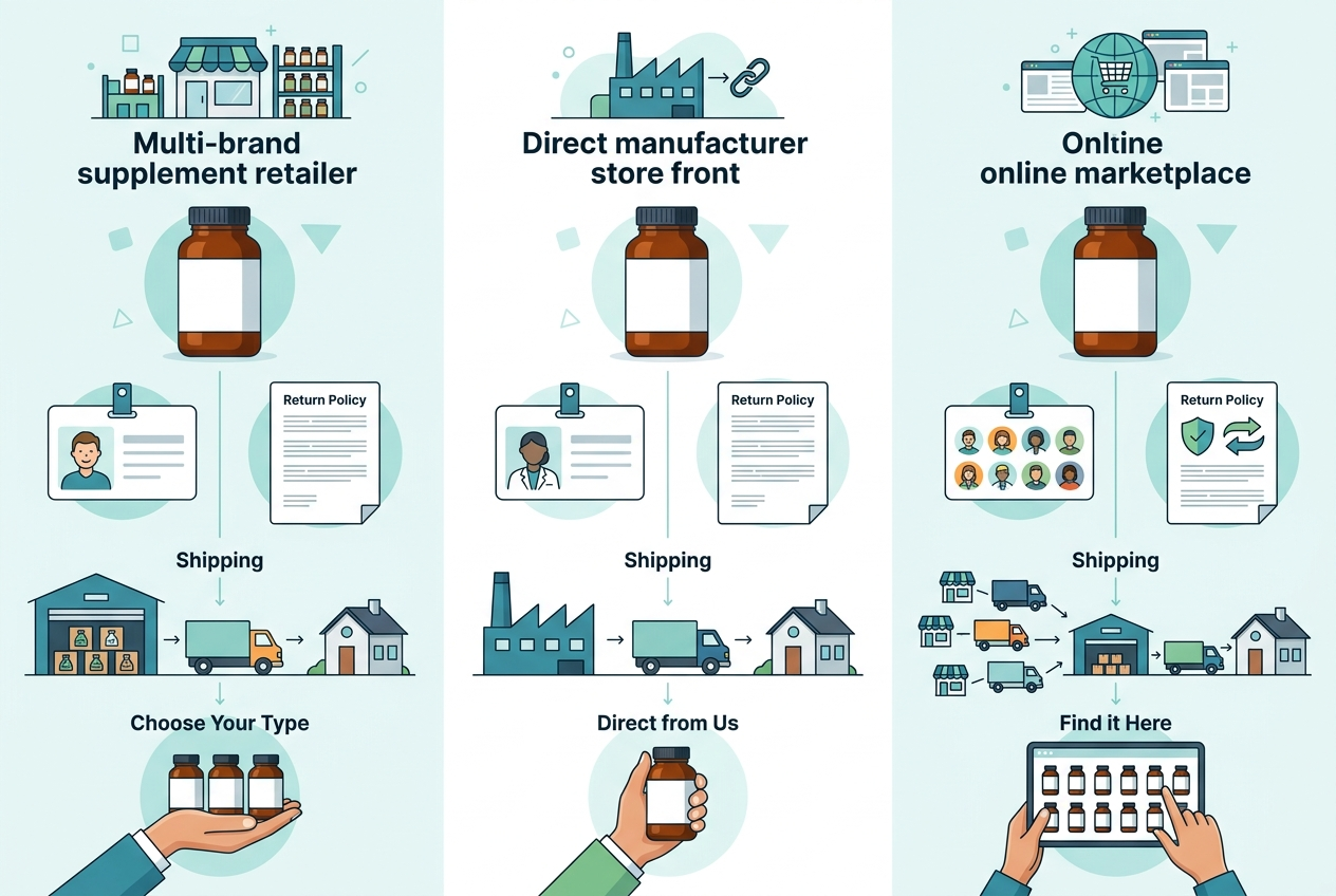 Comparison of multi-brand retailer, manufacturer-direct, and marketplace supplement purchase paths