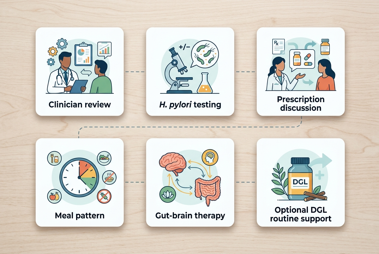 Functional dyspepsia care options arranged from clinical evaluation to optional routine support