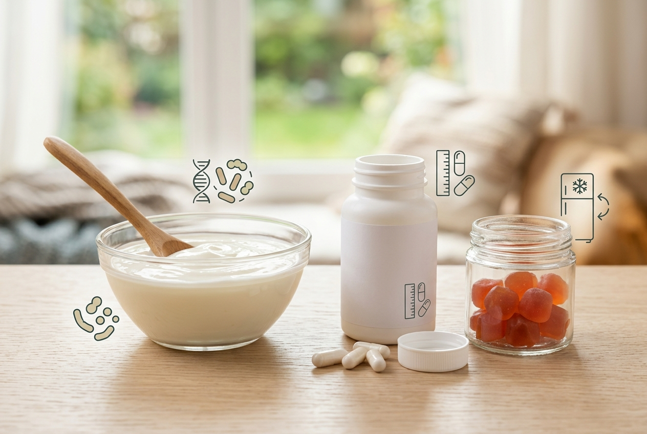 Yogurt, probiotic capsules, and shelf-stable probiotic gummies compared by format.