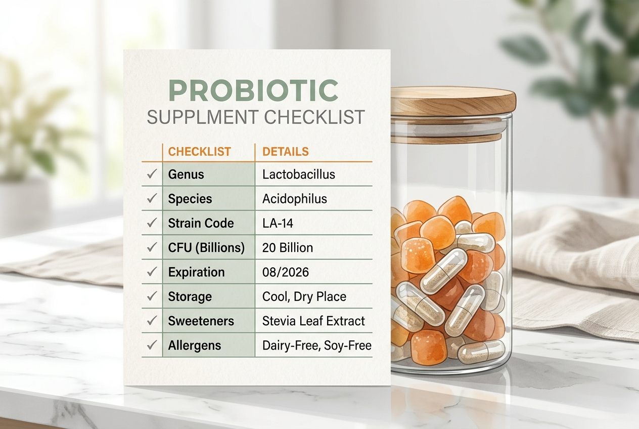 Probiotic label checklist comparing strain, CFU, expiration, storage, sweeteners, and allergens