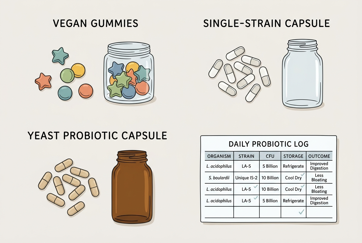 Probiotic gummies and capsule formats compared by organism, strain code, CFU, storage, and tracking goal.
