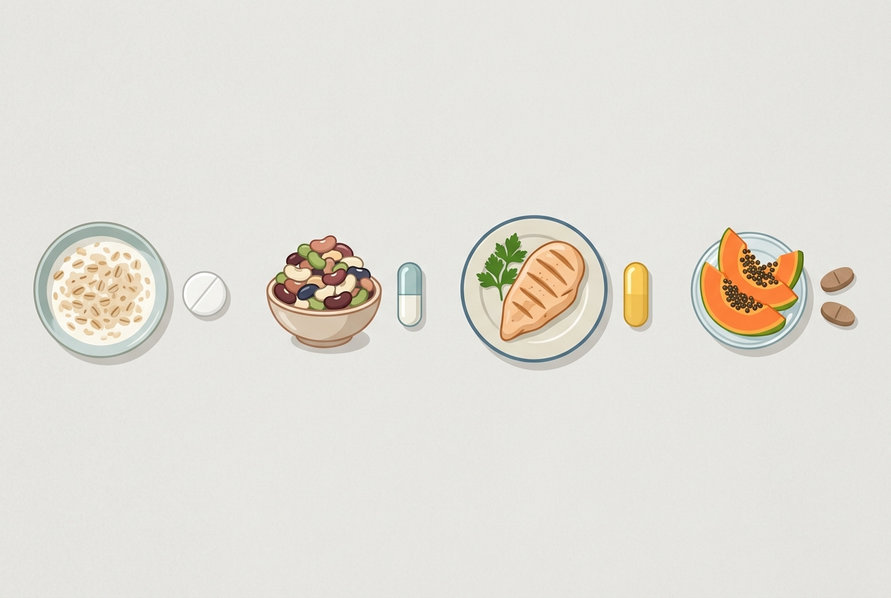 Visual guide matching lactase, alpha-galactosidase, bromelain, and papaya enzymes to meal types.