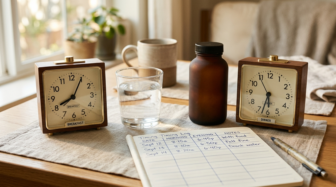Breakfast and dinner clocks beside a medicine bottle, water, and symptom timing log for pantoprazole scheduling.