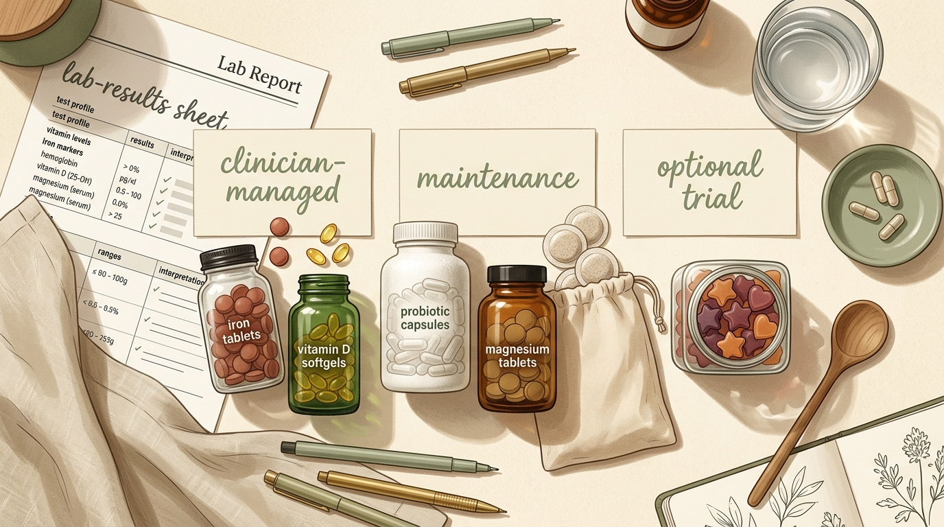 Iron, vitamin D, magnesium, fiber, probiotic, and gummies organized into clinician-managed and optional supplement lanes.