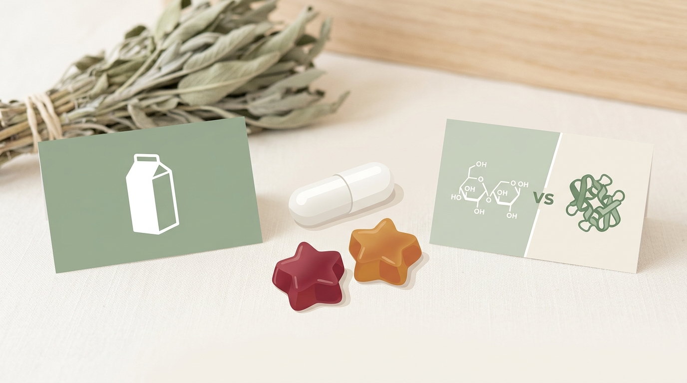 Probiotic capsule and vegan gummies beside lactose and milk-protein comparison symbols