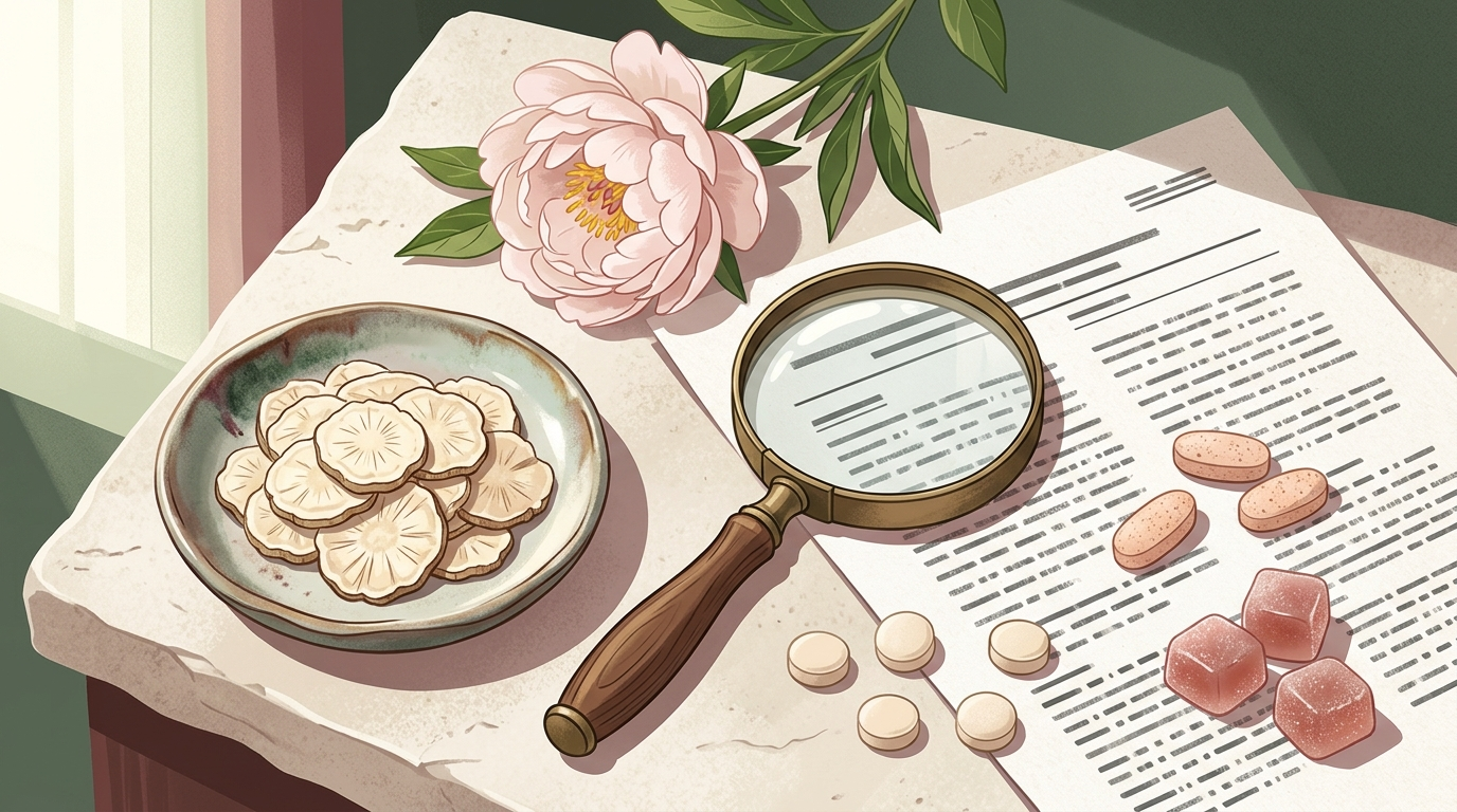 White peony root, a research paper, and several digestive supplement formats arranged for comparison.