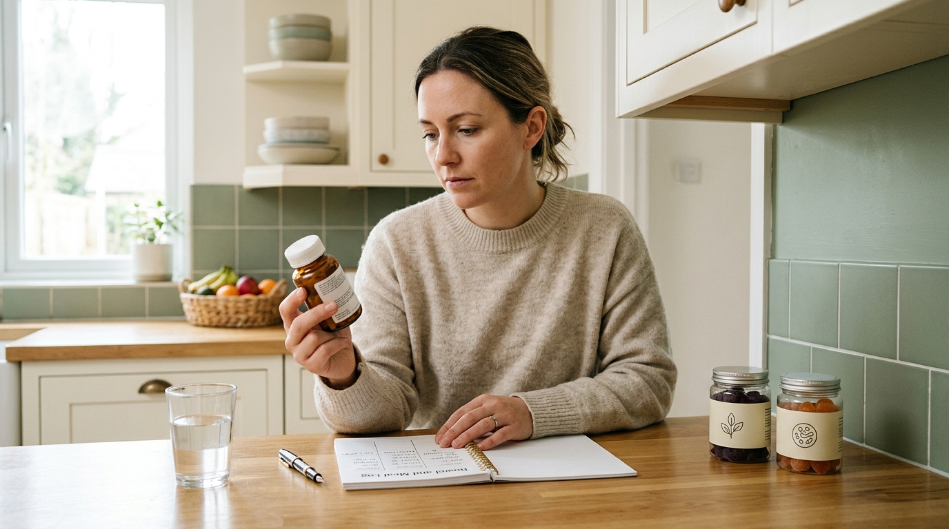 Person reviewing a prescription schedule, bowel log, water, fiber gummies, and probiotic gummies