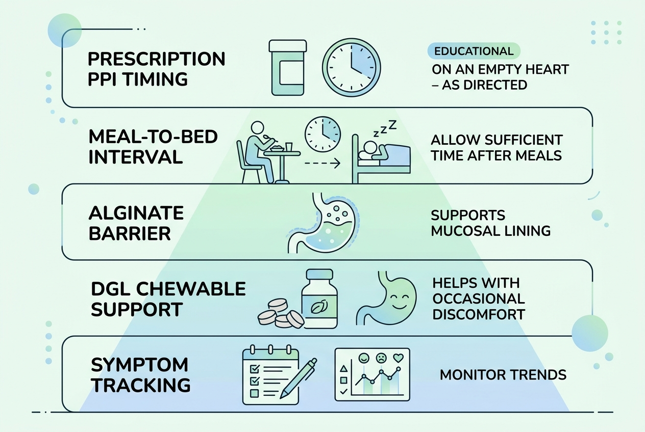 Routine layers separating prescription timing, meal spacing, alginate, DGL support, and symptom tracking.