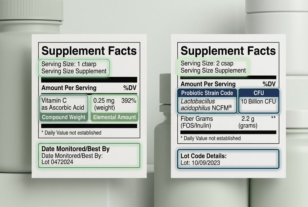 Supplement labels compared for elemental dose, probiotic strain, CFU, fiber grams, and monitoring date.