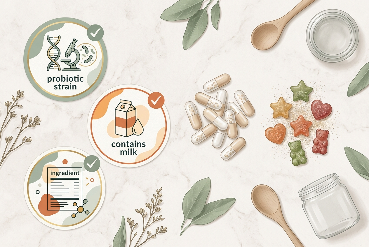 Label checklist comparing probiotic strain, milk ingredients, and sugar alcohols